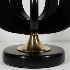 Pair of Mid Century Modern Cut Out Tear Drop Brass Ebonized Walnut Table Lamps - 1483962