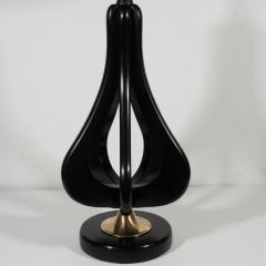 Pair of Mid Century Modern Cut Out Tear Drop Brass Ebonized Walnut Table Lamps - 1483963
