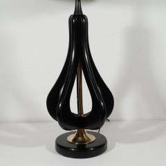 Pair of Mid Century Modern Cut Out Tear Drop Brass Ebonized Walnut Table Lamps - 1483964