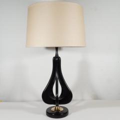 Pair of Mid Century Modern Cut Out Tear Drop Brass Ebonized Walnut Table Lamps - 1483965