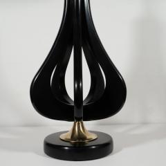 Pair of Mid Century Modern Cut Out Tear Drop Brass Ebonized Walnut Table Lamps - 1483966