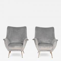 Pair of Mid Century Modern Grey Velvet Armchairs - 3281523
