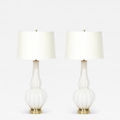 Pair of Mid Century Modern Hand Blown Murano Fluted Off White Glass Table Lamps - 4719848