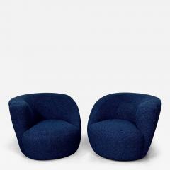 Pair of Mid Century Modern Nautilus Style Swivel Lounge Chairs Blue Faux Fur - 2956942