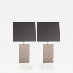 Pair of Mid Century Modern Rectangular Mirrored Table Lamps with Nickel Fittings - 1486333