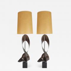 Pair of Mid Century Modern Sculptural Brutalist Patinated Steel Ribbon Lamps - 1486326