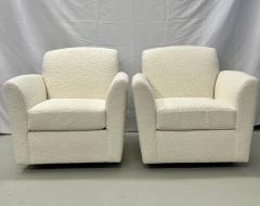 Pair of Mid Century Modern Square White Boucle Rocking Lounge Swivel Chairs - 2956077