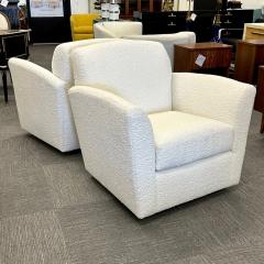 Pair of Mid Century Modern Square White Boucle Rocking Lounge Swivel Chairs - 2956085