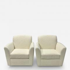 Pair of Mid Century Modern Square White Boucle Rocking Lounge Swivel Chairs - 2963623