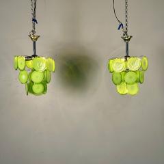 Pair of Mid Century Modern Style Small Green Murano Glass Disk Chandeliers - 3376989