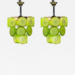 Pair of Mid Century Modern Style Small Green Murano Glass Disk Chandeliers - 3388789