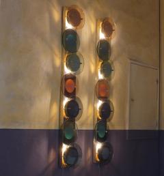 Pair of Mid Century Modern Tall Brass Sconces with Multi Color Round Glass Disks - 1658753