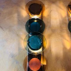 Pair of Mid Century Modern Tall Brass Sconces with Multi Color Round Glass Disks - 1658792