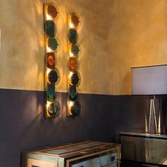 Pair of Mid Century Modern Tall Brass Sconces with Multi Color Round Glass Disks - 1658796