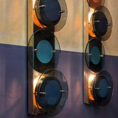 Pair of Mid Century Modern Tall Brass Sconces with Multi Color Round Glass Disks - 1658799