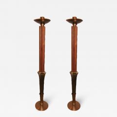 Pair of Mid Century Modern Teak and Brass Standing Prickets Candlesticks - 2962778