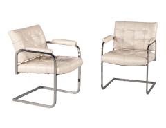 Pair of Mid Century Modern Tufted Cream Leather Accent Chairs - 2725479