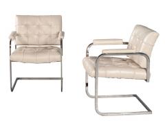 Pair of Mid Century Modern Tufted Cream Leather Accent Chairs - 2725480