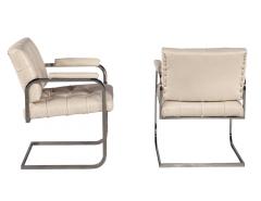 Pair of Mid Century Modern Tufted Cream Leather Accent Chairs - 2725482
