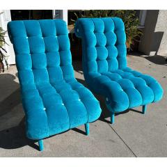 Pair of Mid Century Modern Tufted Turquoise Velvet Chairs - 3321673