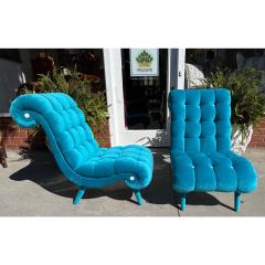 Pair of Mid Century Modern Tufted Turquoise Velvet Chairs - 3321674