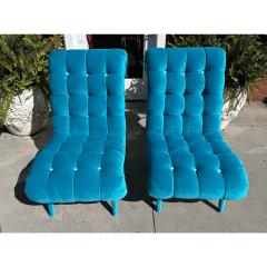 Pair of Mid Century Modern Tufted Turquoise Velvet Chairs - 3321684