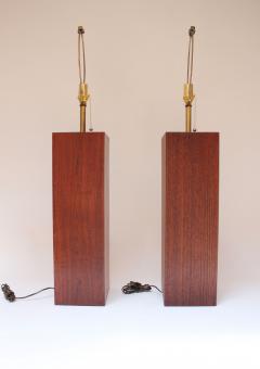 Pair of Mid Century Modern Walnut Column Block Form Table Lamps - 3270937
