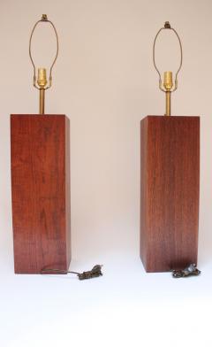 Pair of Mid Century Modern Walnut Column Block Form Table Lamps - 3270938