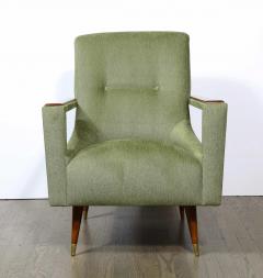 Pair of Mid Century Modern Walnut Moss Green Upholstery Arm Cutout Chairs - 2143363