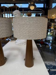 Pair of Mid Century Modern Wood Table Lamps with Textured Drum Shades - 4573647