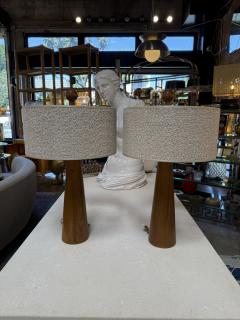 Pair of Mid Century Modern Wood Table Lamps with Textured Drum Shades - 4573649