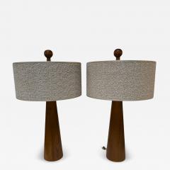 Pair of Mid Century Modern Wood Table Lamps with Textured Drum Shades - 4574726