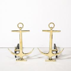 Pair of Mid Century Modernist Anchor Andirons in Polished Brass - 3752525