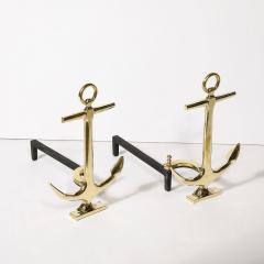 Pair of Mid Century Modernist Anchor Andirons in Polished Brass - 3752601