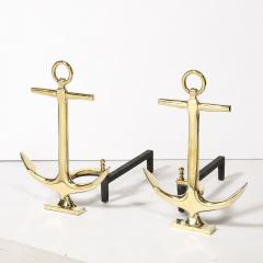 Pair of Mid Century Modernist Anchor Andirons in Polished Brass - 3752604