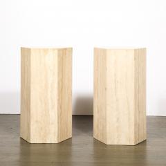 Pair of Mid Century Modernist Hexagonal Travertine Pedestals - 4622424
