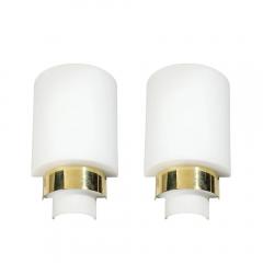Pair of Mid Century Modernist Minimal Frosted Glass Brass Sconces - 4719773