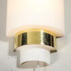 Pair of Mid Century Modernist Minimal Frosted Glass Brass Sconces - 4719775