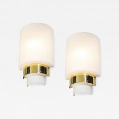 Pair of Mid Century Modernist Minimal Frosted Glass Brass Sconces - 4719846