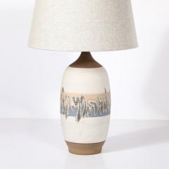 Pair of Mid Century Modernist Off White Ceramic Table Lamps W Banded Detailing - 3925925