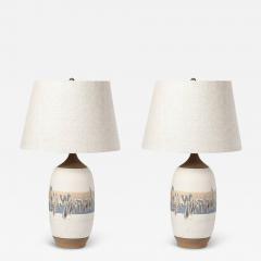 Pair of Mid Century Modernist Off White Ceramic Table Lamps W Banded Detailing - 3930861