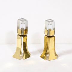 Pair of Mid Century Modernist Sculptural Brass and Mottled Glass Candle Holders - 3276228