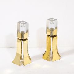 Pair of Mid Century Modernist Sculptural Brass and Mottled Glass Candle Holders - 3276229