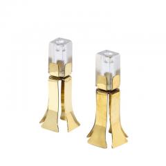 Pair of Mid Century Modernist Sculptural Brass and Mottled Glass Candle Holders - 3276230