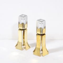 Pair of Mid Century Modernist Sculptural Brass and Mottled Glass Candle Holders - 3276231