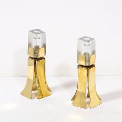 Pair of Mid Century Modernist Sculptural Brass and Mottled Glass Candle Holders - 3276233