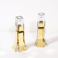 Pair of Mid Century Modernist Sculptural Brass and Mottled Glass Candle Holders - 3276279