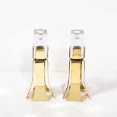 Pair of Mid Century Modernist Sculptural Brass and Mottled Glass Candle Holders - 3276281