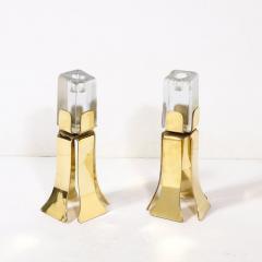 Pair of Mid Century Modernist Sculptural Brass and Mottled Glass Candle Holders - 3276286