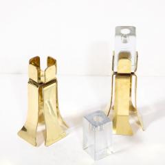 Pair of Mid Century Modernist Sculptural Brass and Mottled Glass Candle Holders - 3276402